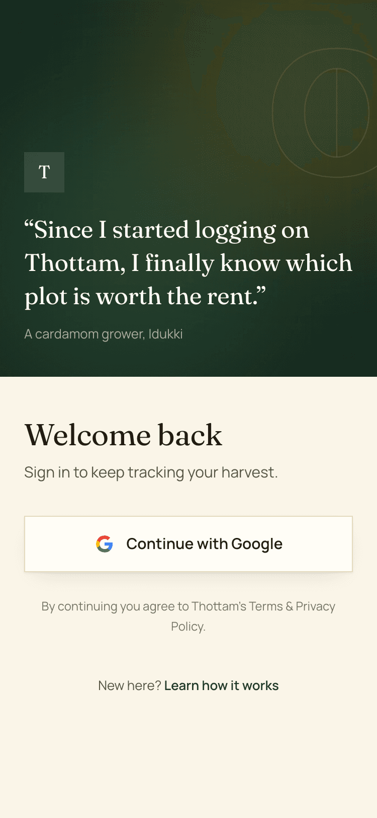The Thottam sign-in screen with the Continue with Google button